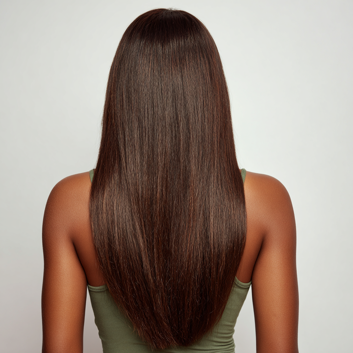 Long, straight brown hair on a neutral background