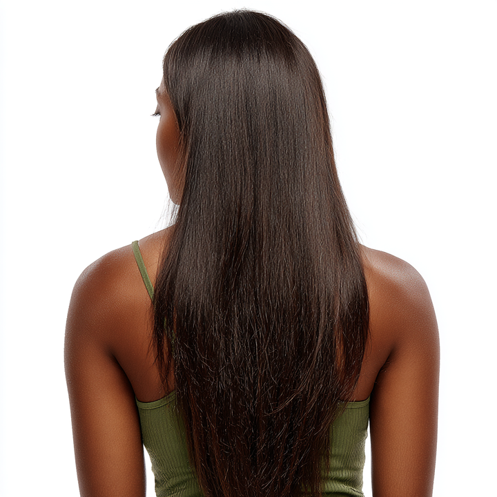 Woman with long, straight hair wearing a green tank top on a white background