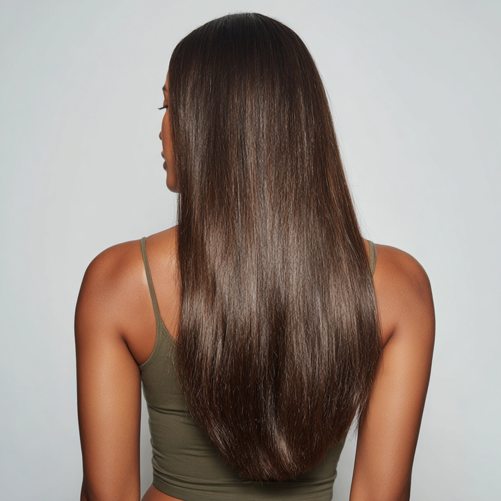 Woman with long, straight brown hair on a plain background