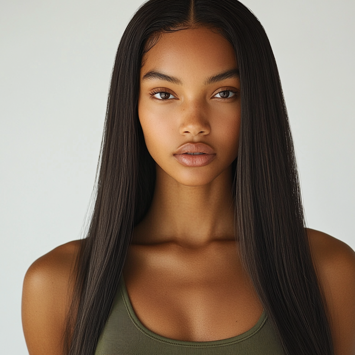 Woman with long straight hair wearing a green tank top against a neutral background