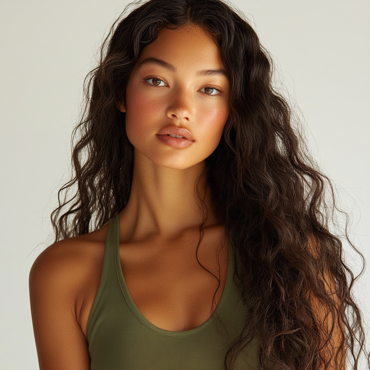 Woman wearing a green tank top against a plain background