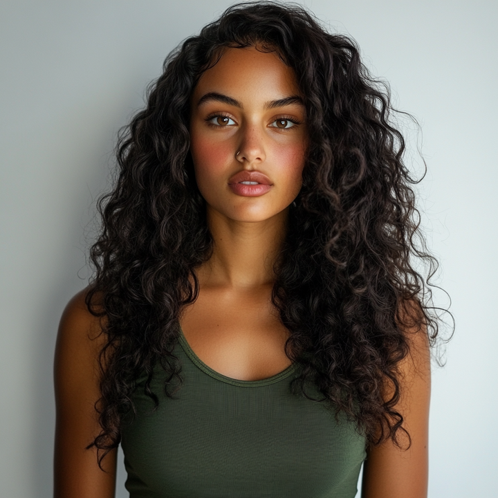 Woman with long, curly hair wearing a green tank top against a plain background