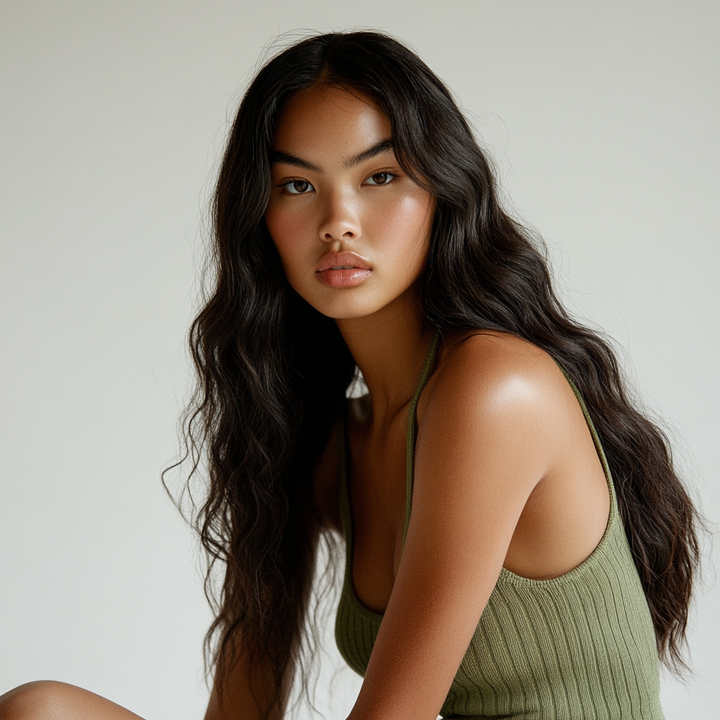 Woman with long dark hair wearing a green tank top against a plain background