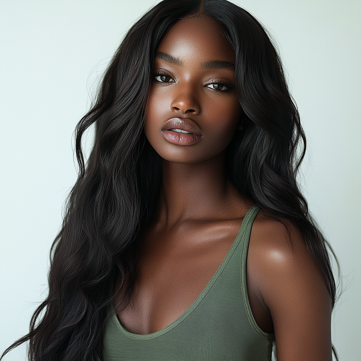 Woman with long, wavy black hair wearing a green tank top against a light gray background