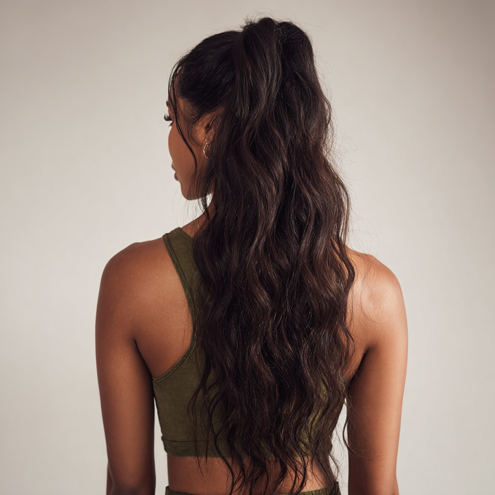 Woman with long, wavy hair in a ponytail wearing an olive green sports bra against a neutral background