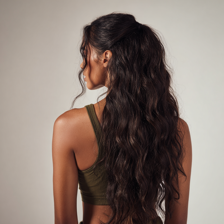 Woman with long, wavy hair wearing a green tank top against a neutral background