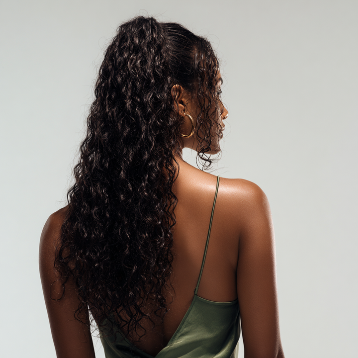 Woman with long, curly hair wearing a green dress against a plain background