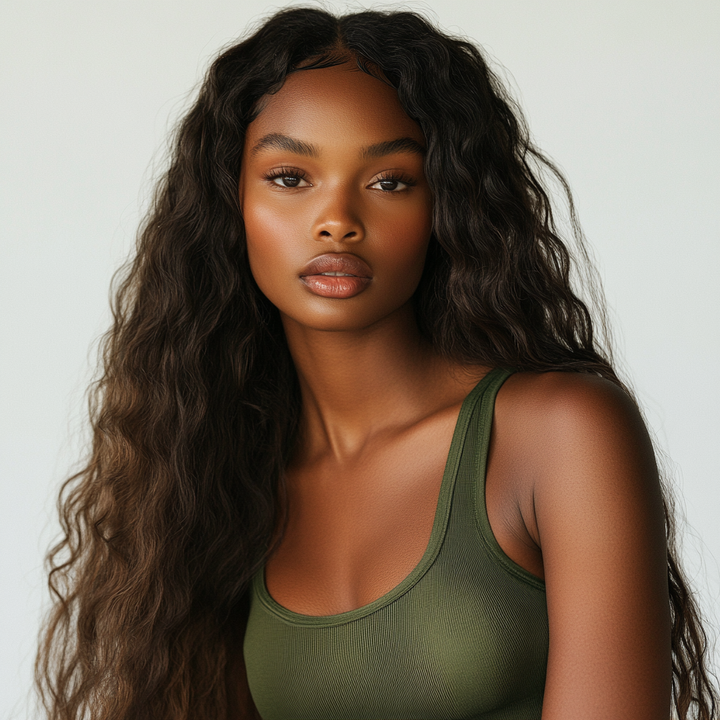 Woman wearing a green tank top against a plain background