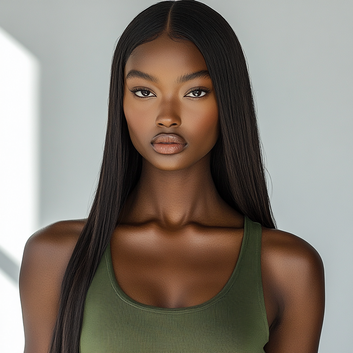 Woman wearing a green tank top against a neutral background