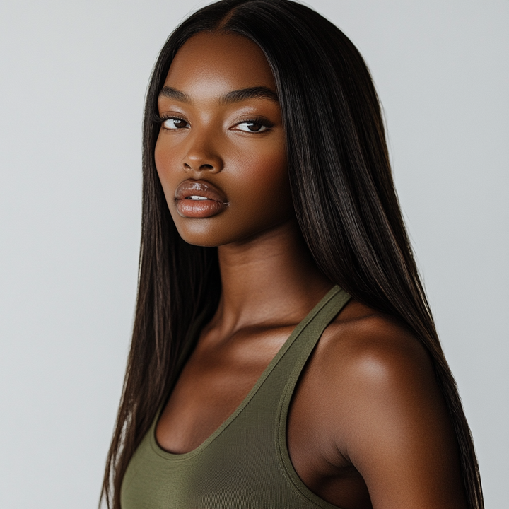 Woman wearing a green tank top against a plain background
